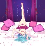  1girl aqua_eyes aqua_hair arm_behind_head bare_legs barefoot bed_sheet black_ribbon blush curtains flower hair_down hatsune_miku kogarashi_midori lace-trimmed_camisole looking_at_viewer lying messy_hair midriff navel on_back petals pink_camisole pink_pillow polka_dot_camisole red_flower red_rose ribbon rose sheet_grab smile solo song_name vocaloid watashi_to_juliet_(vocaloid) 