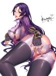  1girl areolae breasts eyebrows fate/grand_order fate_(series) hands highres large_breasts lips long_hair looking_back lxkate minamoto_no_raikou_(fate/grand_order) purple_eyes purple_hair pussy shiny shiny_hair shiny_skin simple_background solo spread_pussy thick_thighs thighs tongue tongue_out uncensored 