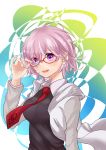  1girl :d absurdres adjusting_eyewear black_vest fate/grand_order fate_(series) glasses hand_up highres koto00 long_sleeves looking_at_viewer mash_kyrielight necktie open_mouth pink_hair purple_eyes red-framed_eyewear red_neckwear simple_background smile solo standing upper_body vest 