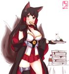  1girl akagi_(azur_lane) akagi_(azur_lane)_(cosplay) akagi_(kantai_collection) animal_ears artist_name asymmetrical_legwear azur_lane black_gloves black_hair black_kimono black_legwear breasts brown_eyes cleavage commentary_request contrapposto cosplay cowboy_shot crest dated eating food food_in_mouth fox_ears fox_girl fox_tail gloves hakama_skirt highres japanese_clothes kanon_(kurogane_knights) kantai_collection kimono kitsune large_breasts long_hair looking_at_viewer mouth_hold multiple_tails namesake partly_fingerless_gloves plate red_skirt shrimp shrimp_tempura simple_background single_thighhigh skirt solo straight_hair table tail tempura thighhighs white_background 