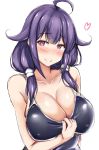  1girl ahoge blush breasts collarbone hair_flaps heart heart-shaped_pupils highres kantai_collection large_breasts long_hair looking_at_viewer low_twintails one-piece_swimsuit purple_hair purple_swimsuit red_eyes simple_background smile solo swimsuit swimsuit_tug symbol-shaped_pupils taigei_(kantai_collection) terakoya twintails upper_body white_background 