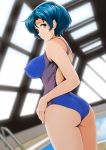  1girl absurdres ass back_cutout backlighting bishoujo_senshi_sailor_moon blue_eyes blue_hair breasts competition_swimsuit covered_nipples day dutch_angle earrings erect_nipples from_below highres impossible_clothes impossible_swimsuit jewelry large_breasts looking_at_viewer mizuno_ami nanashi_noiji one-piece_swimsuit rei_no_pool sailor_mercury short_hair smile solo standing swimsuit twisted_torso water 