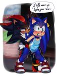 2019 anal anal_penetration anthro balls clothing detailed_background ejaculation erection female footwear gloves green_eyes hand_on_butt hand_on_stomach hi_res male male/male mammal muscular muscular_male nowykowski7 penetration pussy red_eyes shadow_the_hedgehog shoes smile smirk sonic_(series) sonic_the_hedgehog standing text 