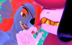  3d_(artwork) absurd_res blue_skin deltarune digital_media_(artwork) eye_patch eyewear female female/female hair hi_res humanoid nude open_mouth pink_hair red_hair reptile scalie seductive sharp_teeth smile susie_(deltarune) teeth thenaysayer34 tongue tongue_out undertale undyne video_games yellow_eyes 