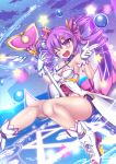  1girl aisha_(elsword) armpits bare_shoulders blush bubble dimension_witch_(elsword) elsword eyebrows_visible_through_hair gloves haiumore magic_circle magical_girl sky smile staff star thighs twintails 