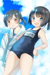  2girls :d :o bangs bare_arms bare_shoulders black_hair blue_eyes blue_sky blue_swimsuit blush breasts cloud cloudy_sky collarbone comah commentary_request daitou_(kantai_collection) day eyebrows_visible_through_hair hair_between_eyes hand_on_hip hiburi_(kantai_collection) highres jacket kantai_collection looking_at_viewer multiple_girls name_tag one-piece_swimsuit open_mouth outdoors red_eyes school_swimsuit short_twintails sky small_breasts smile swimsuit twintails upper_teeth white_jacket 