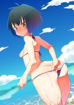  1girl :o ass beach bikini black_hair blue_bikini blue_sky blush breasts breasts_outside butt_crack cloud day furau half-closed_eyes highres looking_at_viewer looking_back micro_bikini multicolored multicolored_bikini multicolored_clothes nipples open_mouth panties panty_pull partially_submerged peni_parker red_bikini short_hair sideboob skindentation sky small_breasts solo spider-man:_into_the_spider-verse spider-man_(series) string_bikini swimsuit underwear wet yellow_eyes 