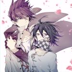  2boys ahoge closed_mouth collarbone commentary_request danganronpa eyebrows_visible_through_hair facial_hair hair_between_eyes highres jacket jacket_on_shoulders looking_to_the_side male_focus medium_hair momota_kaito multiple_boys nanin new_danganronpa_v3 ouma_kokichi purple_eyes purple_hair shirt simple_background spiked_hair upper_body white_shirt 