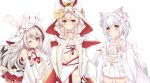  3girls alternate_costume animal_ear_fluff animal_ears ayanami_(azur_lane) azur_lane bare_shoulders blush breasts brown_eyes cat_ears chinese_commentary choker collar commentary_request detached_sleeves dress flat_chest flower hair_flower hair_ornament hood japanese_clothes kuaua large_breasts long_hair long_sleeves looking_at_viewer midriff multiple_girls navel one_eye_closed platinum_blonde_hair pleated_skirt red_collar red_eyes red_string short_hair sidelocks silver_hair simple_background skirt smile string thighhighs tongue tongue_out underboob wedding_dress white_background white_hair white_legwear wide_sleeves yellow_eyes yukikaze_(azur_lane) yuudachi_(azur_lane) 