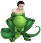  2019 alien anthro belly big_belly cuntboy dinosaur dromaeosaurid egg green_scales hi_res human_to_anthro intersex lizard madamsquiggles male_pregnancy mid_transformation oviposition pregnant reptile scales scalie thenomeking theropod transformation 
