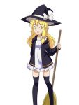  1girl alternate_costume bangs black_headwear black_jacket black_legwear blonde_hair blush bow broom cato_(monocatienus) commentary_request dress eyebrows_visible_through_hair feet_out_of_frame hair_bow hat hat_bow holding holding_broom jacket kirisame_marisa long_hair long_sleeves looking_at_viewer open_clothes open_jacket open_mouth simple_background single_sidelock solo standing thighhighs touhou white_background white_bow white_dress witch_hat yellow_eyes zettai_ryouiki 