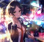  1girl bangs black_hair blurry blurry_background blush breasts city_lights cleavage collarbone collared_shirt commentary_request earrings hand_up hayami_kanade highres holding holding_umbrella idolmaster idolmaster_cinderella_girls ilo jacket jewelry long_sleeves looking_at_viewer medium_breasts necklace necktie open_clothes open_jacket open_mouth outdoors parted_bangs rain red_neckwear revision shirt short_hair signature solo umbrella white_shirt yellow_eyes 