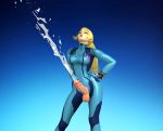  1girl 3d blonde_hair blue_background bodysuit breasts central-tides cum ejaculation erection futanari gradient gradient_background green_eyes hand_on_hip head_back large_breasts long_hair masturbation metroid multicolored multicolored_background nintendo orgasm penis ponytail projectile_cum rolling_eyes samus_aran skin_tight solo standing testicles uncensored xnalara xps zero_suit 