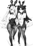  2girls animal_ears bangs bare_shoulders blush breasts bunny_ears cleavage closed_mouth covered_navel detached_collar earrings ereshkigal_(fate/grand_order) fate/grand_order fate_(series) greyscale hair_ribbon high_heels highres hoop_earrings ishtar_(fate/grand_order) jewelry leotard long_hair looking_at_viewer medium_breasts monochrome multiple_girls orange_maru pantyhose parted_bangs ribbon simple_background sitting skull smile thighlet thighs two_side_up white_background 