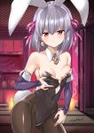  1girl animal_ears bangs bare_shoulders black_leotard breasts brown_legwear bunny_ears bunny_girl bunny_tail bunnysuit collar collarbone commentary_request contrapposto covered_navel detached_collar detached_sleeves earrings eyebrows_visible_through_hair fake_animal_ears fate/grand_order fate_(series) frown grey_hair hair_between_eyes hair_ribbon hairband indoors jewelry kama_(fate/grand_order) kemonomimi_mode leotard long_sleeves magatama magatama_earrings medium_breasts pantyhose pink_ribbon purple_sleeves red_eyes ribbon signature sleeves_past_wrists solo strapless strapless_leotard tail tyone white_collar white_hairband wing_collar 