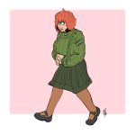  1:1 1_eye 2018 bigmsaxon border clothing cyclops female footwear green_eyes hair hi_res humanoid not_furry pink_background red_hair shoes simple_background skirt smile sweater topwear walking white_border 