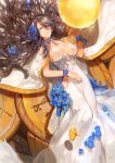  1girl bangs blue_eyes blue_flower blue_nails breasts breasts_apart brown_hair cape cleavage_cutout clock dress feet_out_of_frame flower forget-me-not_(flower) from_above fuu_kotora hair_flower hair_ornament hand_on_own_stomach hand_up large_breasts long_dress long_hair looking_at_viewer lying nail_polish on_back original parted_lips ribbon roman_numerals sideboob signature solo swept_bangs wavy_hair white_cape white_dress wrist_ribbon 