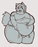  anthro belly belly_fondling big_belly canid canine canis clothed clothing fruitsloops greyscale hand_on_stomach male mammal midriff monochrome moobs navel obese obese_male overweight overweight_male simple_background smile solo thick_thighs white_background wide_hips wolf 