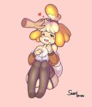  &lt;3 ambiguous_gender animal_crossing areola areola_slip blonde_hair blush blush_stickers breasts brown_eyes buckteeth canid canine canis clothing compression_artifacts disembodied_hand domestic_dog female full-length_portrait fur garter_straps hair half-closed_eyes happy hi_res isabelle_(animal_crossing) jacket jingle_bell legwear mammal nintendo off_shoulder open_mouth paws petting pink_background portrait raised_hands shih_tzu shirt short_hair simple_background sitting smile solo_focus suenbroe teeth thigh_highs topknot topwear toy_dog video_games yellow_fur 