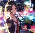  1girl bangs black_hair blurry blurry_background blush breasts city_lights cleavage collarbone collared_shirt commentary_request earrings hand_up hayami_kanade highres holding holding_umbrella idolmaster idolmaster_cinderella_girls ilo jacket jewelry long_sleeves looking_at_viewer medium_breasts necklace necktie open_clothes open_jacket open_mouth outdoors parted_bangs rain red_neckwear shirt short_hair solo umbrella white_shirt yellow_eyes 