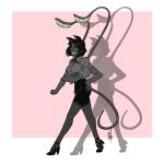  1:1 4_arms bigmsaxon border clothing displacer_beast footwear fur grin hand_on_hip hi_res high_heels humanoid legwear monster multi_arm multi_limb orange_sclera pink_background shoes simple_background skinny_tail smile stockings walking white_border yellow_eyes 