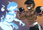  2boys abs black_hair boo boxing_gloves boxing_shorts bullet_bill dark_skin dark_skinned_male earrings fang ghost gradient gradient_background hair_over_eyes hitodama jewelry male_focus mario_(series) multiple_boys muscle nintendo nipples personification pokkuti shorts simple_background tongue tongue_out 