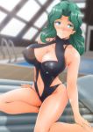  aqua_eyes aqua_hair arm_support backlighting bishoujo_senshi_sailor_moon breasts collarbone covered_nipples halterneck highres impossible_clothes impossible_swimsuit kaiou_michiru large_breasts lens_flare looking_at_viewer nanashi_noiji navel_cutout pool rei_no_pool sailor_neptune sitting swimsuit water wavy_hair 