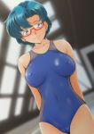  1girl arms_behind_back backlighting bishoujo_senshi_sailor_moon blue_hair cameltoe collarbone competition_swimsuit covered_navel covered_nipples dutch_angle earrings formal glasses highres jewelry looking_at_viewer mizuno_ami nanashi_noiji one-piece_swimsuit red-framed_eyewear rei_no_pool short_hair solo suit swimsuit tareme 