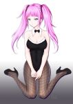  1girl artist_name bar_shoulders blue_eyes bow breasts collarbone commentary_request eyebrows_visible_through_hair fishnet_pantyhose fishnets fullbody hair_ornament highres kneeling large_breasts lis_zhu_long long_hair looking_at_viewer original pantyhose pink_hair shoes solo 