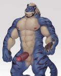  2018 5_fingers abs absurd_res balls biceps blue_eyes blue_fur blush countershading crotch_tuft facial_hair felid fur hair hi_res humanoid_penis male mammal muscular muscular_male navel nipples obliques one_eye_closed pantherine pecs penis portrait precum precum_string quads renoky simple_background solo three-quarter_portrait tiger triceps white_background white_countershading white_hair 