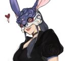  1girl black_choker bunny_mask choker dripping face fishfall grey_hair heart looking_at_viewer mask medium_hair original parted_lips puffy_short_sleeves puffy_sleeves red_eyes short_sleeves simple_background smile solo teeth upper_body white_background zipper 