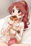  1girl bag blouse blush brown_eyes brown_hair camisole collarbone cushion doughnut eyebrows_visible_through_hair food hair_ornament hair_scrunchie highres holding holding_food idolmaster idolmaster_cinderella_girls long_hair looking_at_viewer lying omaru_gyuunyuu open_blouse open_clothes open_mouth paper_bag ponytail scrunchie shiina_noriko solo upper_body 