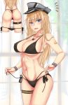  1girl bikini bismarck_(kantai_collection) black_bikini blonde_hair blue_eyes breasts collarbone commentary_request cowboy_shot graphite_(medium) grey_headwear hat highres jewelry kantai_collection large_breasts long_hair mechanical_pencil mickey_dunn navel necklace peaked_cap pencil side-tie_bikini standing swimsuit thigh_strap traditional_media 