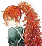  1girl eyebrows_visible_through_hair flower from_behind green_eyes hair_between_eyes kamura_gimi long_hair looking_at_viewer looking_back original personification plant_hair red_hair simple_background solo spider_lily upper_body white_background 