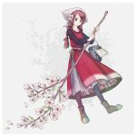  1girl black_legwear boots braid branch brown_eyes brown_footwear brown_hair bucket dress flower full_body hair_flower hair_ornament highres holding holding_branch kamura_gimi long_hair long_sleeves original red_dress smile solo standing twin_braids white_flower 