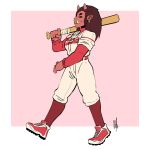  1:1 2018 asian_mythology baseball_bat baseball_uniform bat_(object) belt bigmsaxon border clothing demon ear_piercing ear_ring east_asian_mythology facial_piercing fangs female footwear full-length_portrait grin hi_res horn humanoid japanese_mythology knee_socks legwear mythology nose_piercing nose_ring oni pants piercing pink_background pointy_ears portrait red_sclera shoes simple_background smile socks sportswear uniform walking white_border wraps yellow_eyes yōkai 