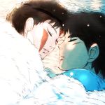  1boy 1girl ashitaka brown_hair chibigou commentary_request earrings eyes_closed facepaint facial_mark fur headband hetero jewelry lips mononoke_hime san short_hair sleeping studio_ghibli 