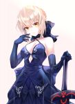 1girl absurdres artoria_pendragon_(all) bangs bare_shoulders blonde_hair blue_bow blue_dress blue_footwear blue_gloves blush bow breasts cleavage closed_mouth collarbone dark_excalibur dress elbow_gloves eyebrows_visible_through_hair fate/grand_order fate_(series) full_body gloves gradient gradient_background hair_bow halter_dress hand_up highres holding holding_sword holding_weapon light_smile looking_at_viewer medium_breasts minin982 pink_background saber_alter short_hair sleeveless sleeveless_dress solo standing sword thighhighs weapon yellow_eyes zettai_ryouiki 