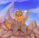  anthro bazelgeuse brown_skin capcom dialogue dragon female hi_res iguanasarecool invalid_tag monster_hunter monster_hunter_world mountain open_mouth orange_eyes outside rock scales scalie solo speech_bubble teeth text thick_thighs video_games wide_hips wings wyvern 