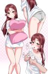  :o ass bangs bare_legs bare_shoulders blush breast_grab breasts collarbone grabbing grey_panties groping hair_ornament hairclip highres kanji long_hair love_live! love_live!_sunshine!! multiple_views off-shoulder_shirt off_shoulder open_mouth panties pantyshot paw_print pillow pillow_hug pink_pillow polka_dot polka_dot_background red_hair sakurauchi_riko shirt shirt_pull sidelocks small_breasts underwear white_shirt yellow_eyes yopparai_oni 