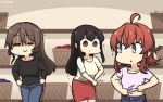  3girls akagi_(kantai_collection) alternate_costume arashi_(kantai_collection) ashigara_(kantai_collection) asymmetrical_hair black_shirt brown_eyes brown_hair closed_mouth denim eyebrows_visible_through_hair eyes_closed hair_between_eyes hamu_koutarou highres jeans kantai_collection long_hair long_sleeves looking_at_another messy_hair multiple_girls navel one_side_up pants red_hair red_skirt shirt short_sleeves skirt smile straight_hair white_shirt 