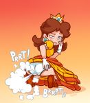  1girl ass dress fart farting lifting_skirt mario_(series) nintendo panties princess_daisy squat super_mario_bros. super_mario_land underwear white_panties 