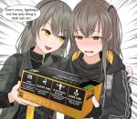  2girls artist_request blonde_hair blush box brown_eyes brown_hair girls_frontline gloves holding korean_text military military_uniform multiple_girls open_mouth parody partly_fingerless_gloves ponytail source_request speech_bubble star star-shaped_pupils sweat symbol-shaped_pupils tagme translated ump40_(girls_frontline) ump45_(girls_frontline) uniform uterus wavy_mouth yellow_eyes 