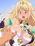  1girl bare_shoulders blonde_hair blue_background blush breast_grab breasts cleavage_cutout elbow_gloves embarrassed eyebrows_visible_through_hair gloves grabbing gradient gradient_background hikari_(xenoblade_2) kihaiu large_breasts long_hair matching_hair/eyes nose_blush open_mouth tiara upper_body xenoblade_(series) xenoblade_2 yellow_eyes 