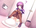  1girl ? ahoge aisha_(elsword) ass elsword haiumore no_panties peeing purple_eyes purple_hair ribbon squatting thighhighs thighs toilet 