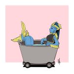  1:1 bathtub bigmsaxon black_sclera blue_hair blue_scales border cart female hair hi_res marine membranous_fins merfolk pink_background reclining scales simple_background sleeveless_shirt water white_border yellow_eyes 