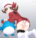  1girl :d ass blush bow brown_eyes brown_hair cameltoe creatures_(company) dress from_behind game_freak gen_2_pokemon hand_on_own_chin hat hat_bow helvetica_5tandard highres kneeling kotone_(pokemon) leaning looking_at_viewer looking_back marill nintendo open_mouth panties pantyshot pantyshot_(kneeling) pokemon pokemon_(game) pokemon_hgss red_bow red_dress simple_background smile thighhighs thighs twintails underwear upskirt white_headwear white_legwear white_panties 