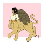  1:1 2018 animal_humanoid bigmsaxon black_hair border clothing eye_markings feathered_wings feathers full-length_portrait fur hair hi_res humanoid humanoid_taur markings pink_background portrait shirt simple_background taur topwear usekh walking white_border wings yellow_eyes yellow_sclera 