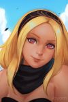  1girl artist_name bare_shoulders blonde_hair blue_sky close-up cloud day face gravity_daze hairband highres kitten_(gravity_daze) koyorin leotard lips long_hair looking_at_viewer motion_blur red_eyes scarf sky smile solo strapless wind 