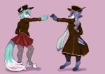  2019 anthro antlers azul_alexander blue_eyes blue_fur canid canine cervid clothed clothing coat corelle-vairel cosplay crossdressing duo fox fur fur_markings grey_hair hair hatsune_miku hi_res horn kaito_(vocaloid) legwear looking_at_another male mammal markings pants ponytail purple_eyes reaching roflfox scar scarf skirt smile stockings vocaloid white_fur 